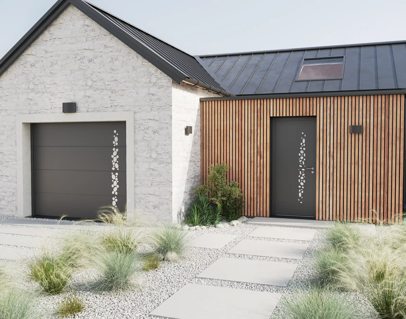 Portail coulissant aluminium tôlé Écume - Kostum design coordonne Bel'M et Novoferm
